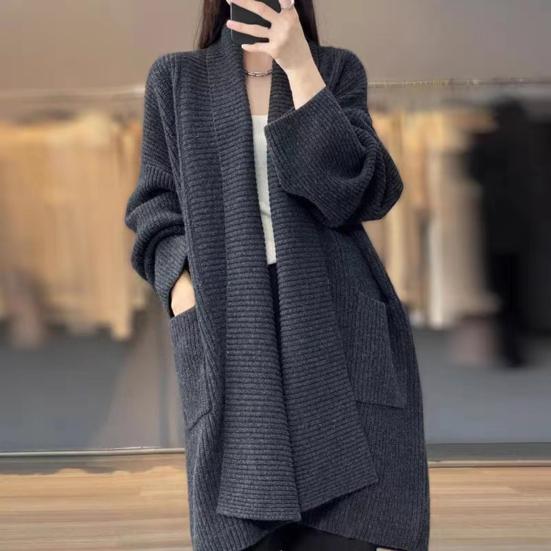 Women Sweater Coat Lapel Long Sleeve Open Front Knitting Cardigan with Large Pockets Solid Color Loose Fit Mid-length Outwear