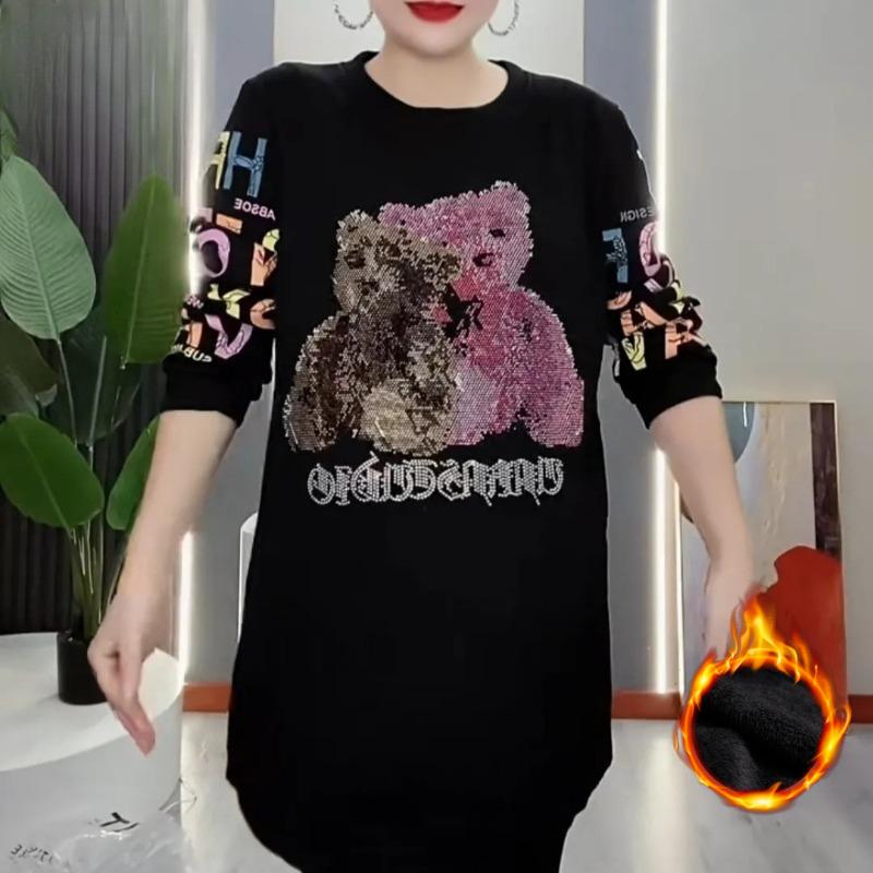 Autumn and Winter Plus Velvet Thickened Fashion Loose Sweater Diamond Bear Round Neck Top Women