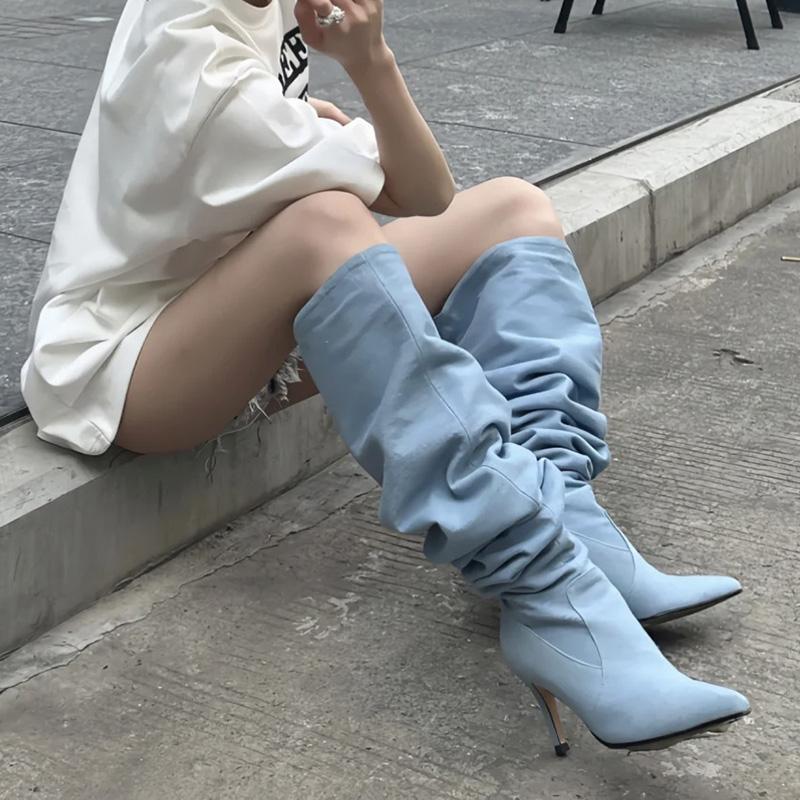 European and American Pointed Hot Girls Cowboy Pleated Piled Boots Women's New Big Tube Circumference Thin Heel High Heel Boots Knight Boots
