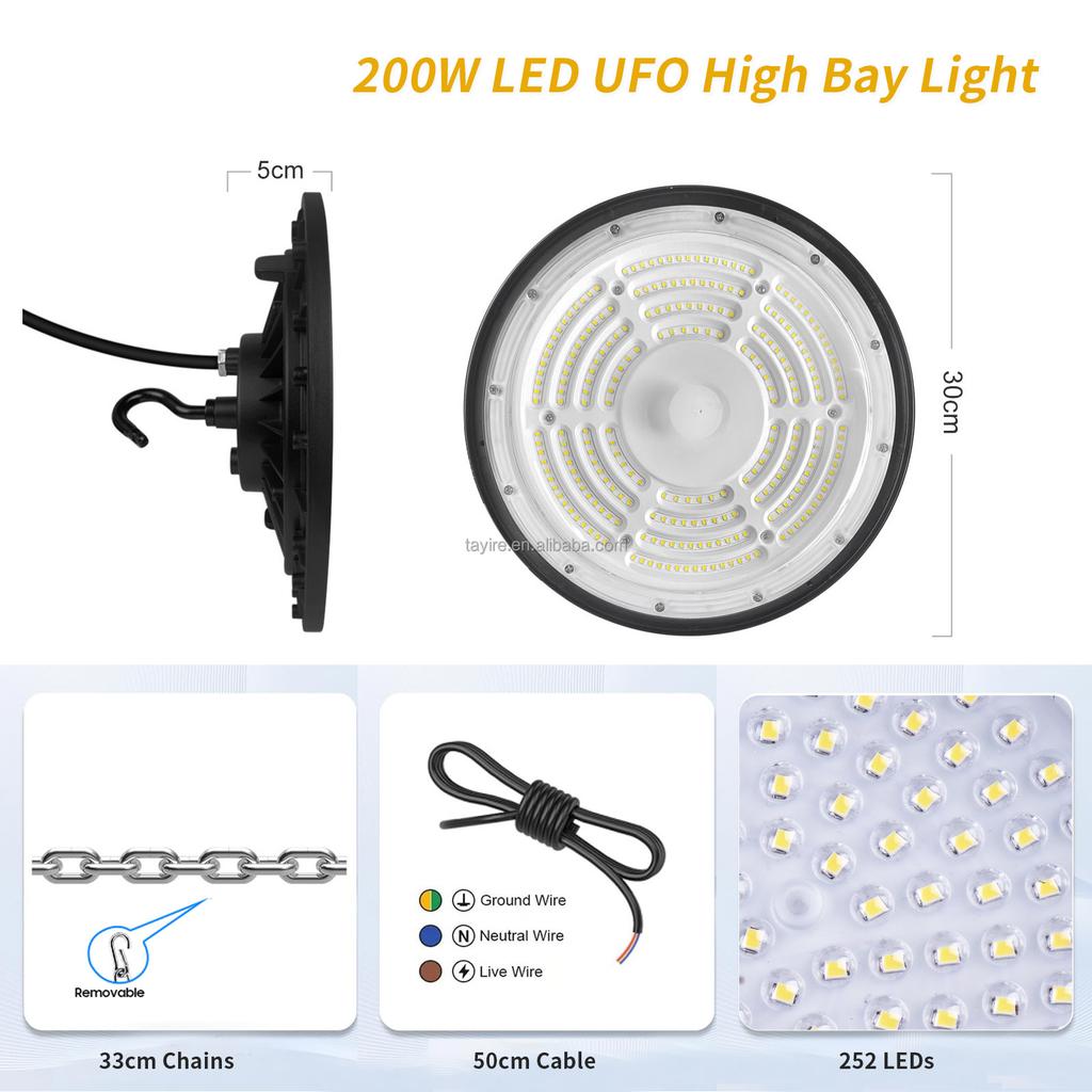 CE Certificated IP65 UFO Led Hangar High Bay 100W 200W 300W Cold White for Warehouse Factory Workshop Industrial LED Lighting