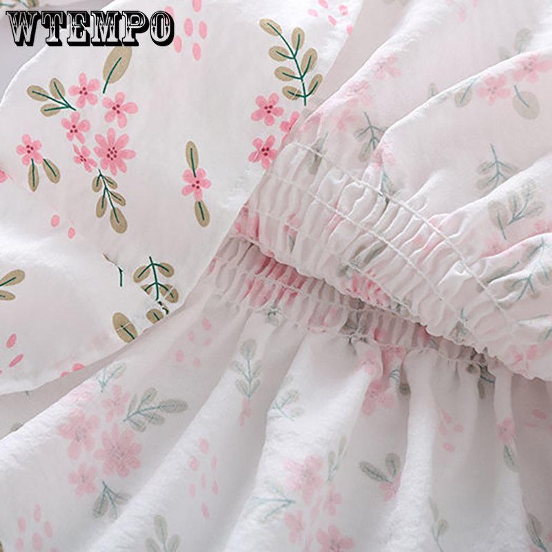 WTEMPO Little Fresh Flower Printed Off Shoulder Shirts Women's Summer Slim Sweet Stringy Selvedge Cropped Tops