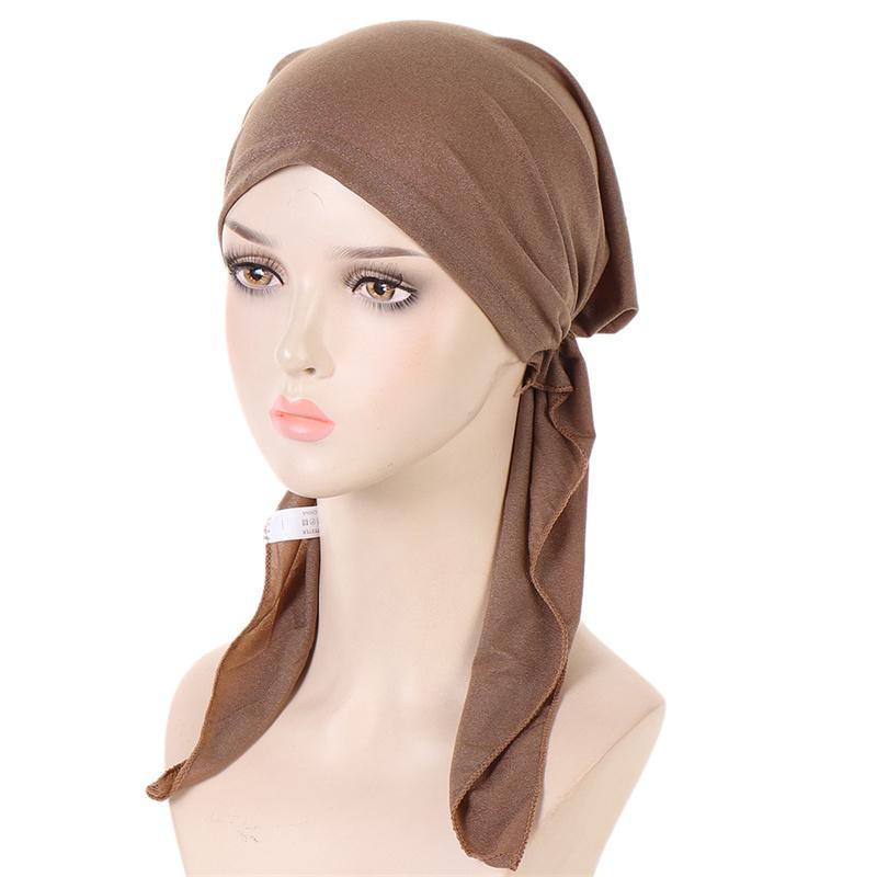 Ramadan Muslim Women Hijab Caps Solid Color Ladies Headscarf Soft Hijab Turban Bonnet Two Tail Bandana Hat Chemo Cap