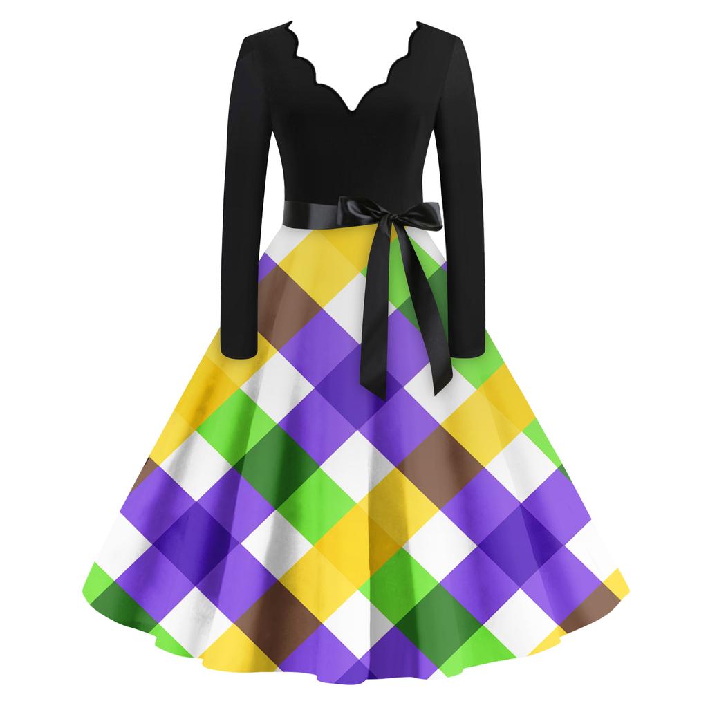 Women's Casual Fashion V Neck Long Sleeve Printed Vintage Long Dress