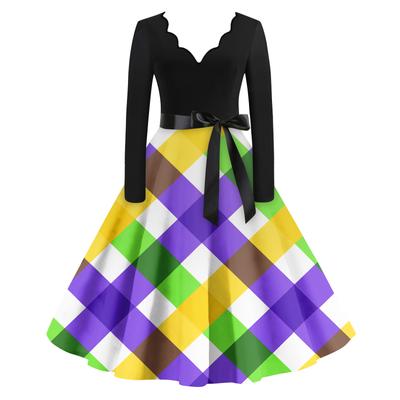 Damska Codzienna Moda Dekolt V Długi Rękaw Drukowana Sukienka Długa w Stylu Vintage