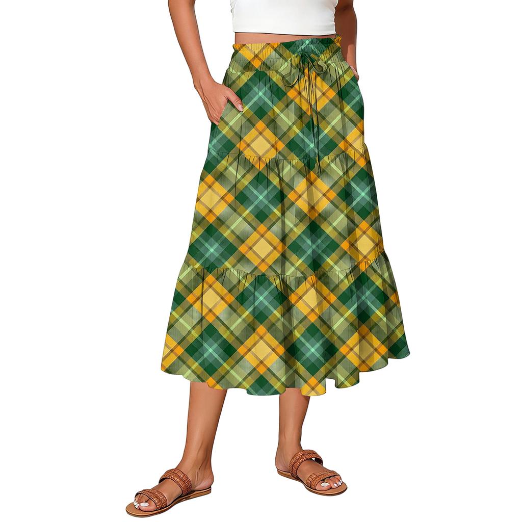 Ladies' Plaid Printed Casual Elastic Waist Drawstring Skirt
