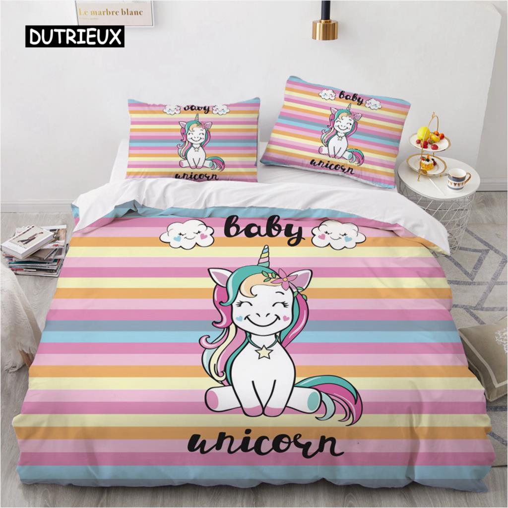 Cartoon Unicorn Design Duvet Cover Set Cute Comforter Cover Bedding Set Bed Linen For Baby Kids Girls Gift Bedroom Decoration