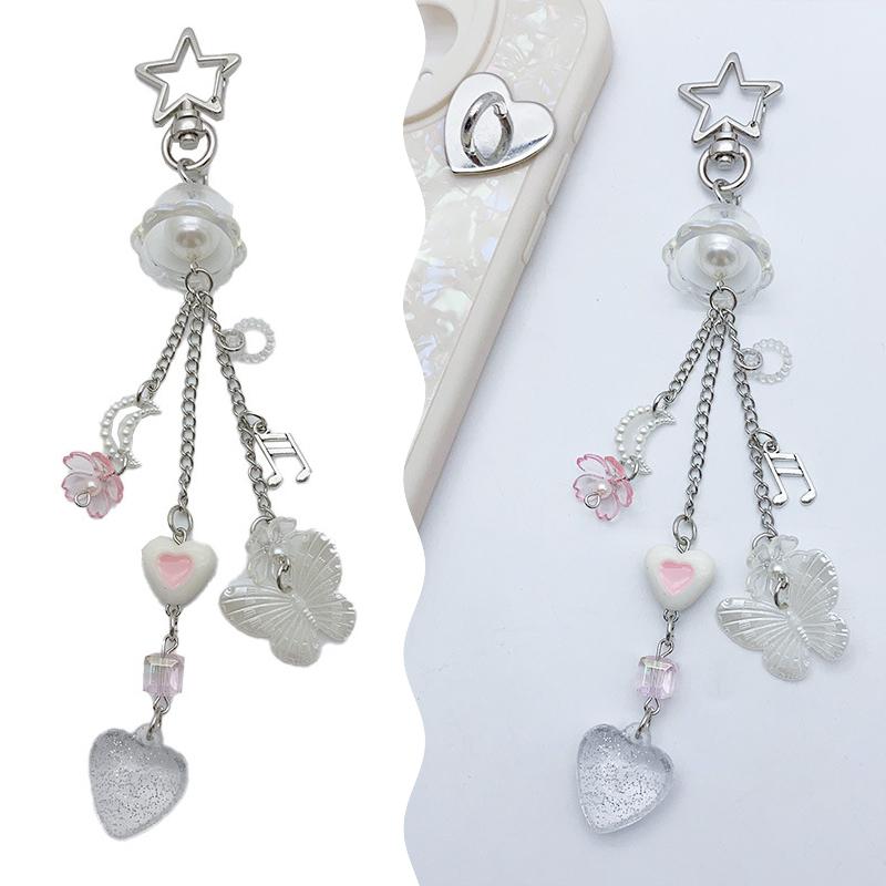 Sparkling Love Butterfly Tassels Keychain Pendant Kawaii Key Chain Bag Beaded Phone Charm Chain Accessory Girls Women Jewelry