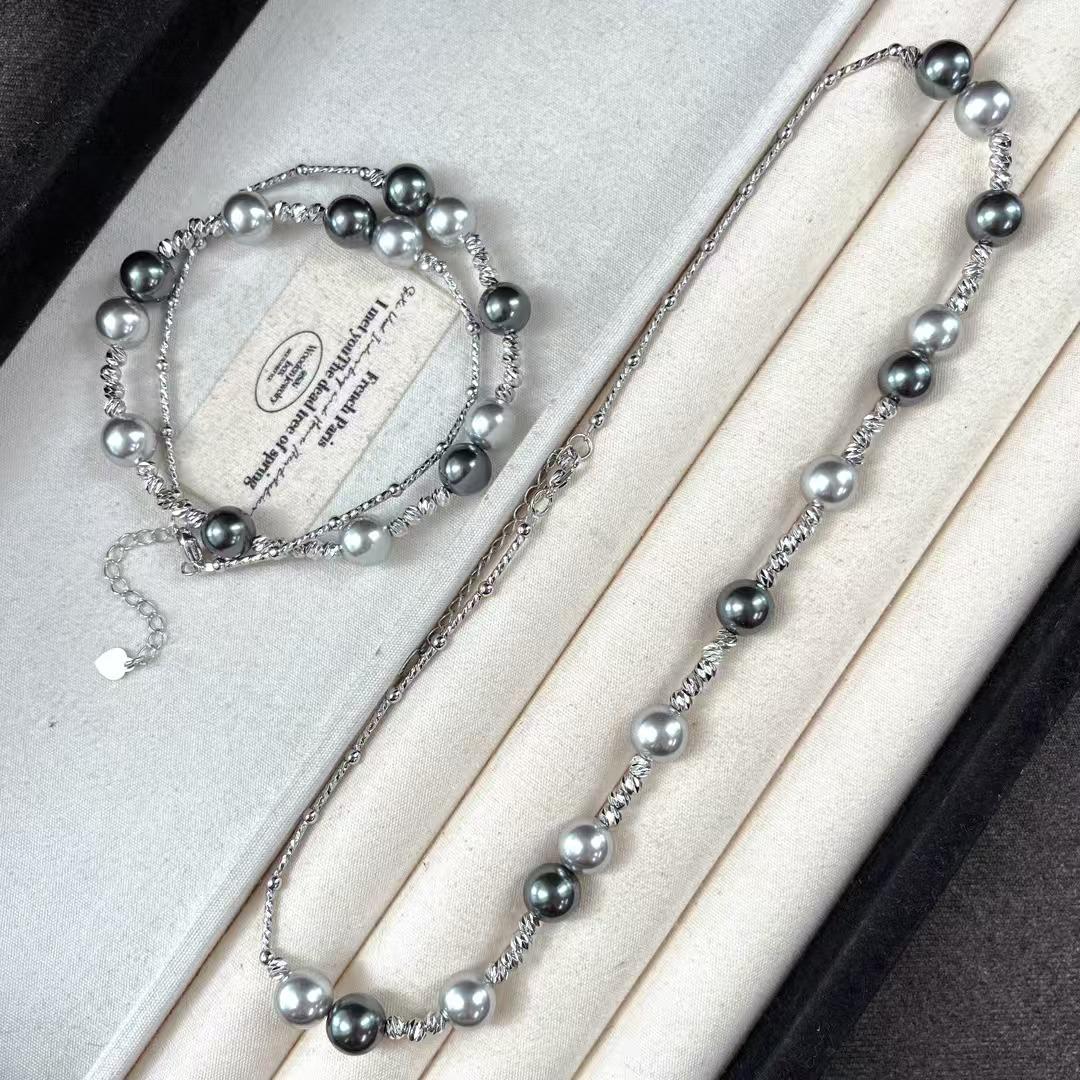 Vintage Strong Light High Quality Black Gray Artificial Crystal Mixed Color Pearl Necklace Collarbone Chain