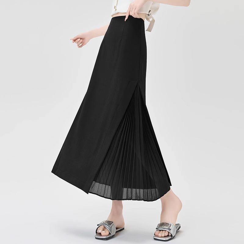 Chiffon Spliced gray Suit Skirt for Women in Summer Thin Pleated Spliced a-line Long Skirt