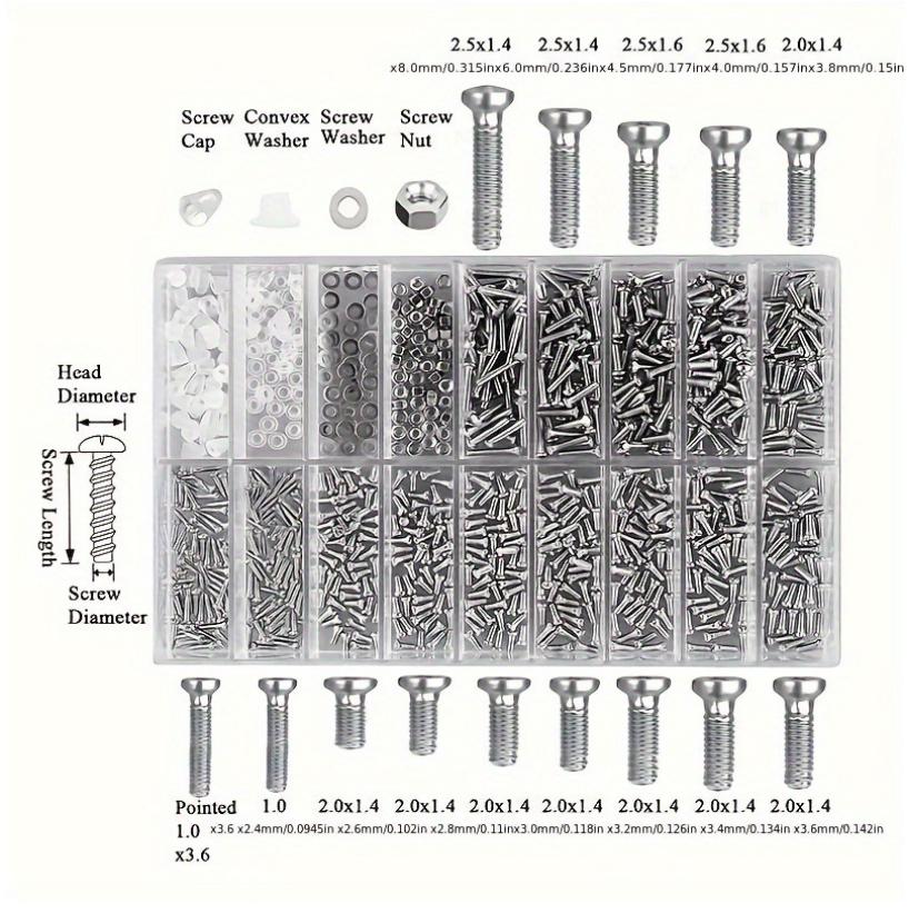 1000pcs Stainless Steel Micro Screw Set Kit Precision Screwdriver Tools for Glasses Sunglasses Watches Phones Tablets