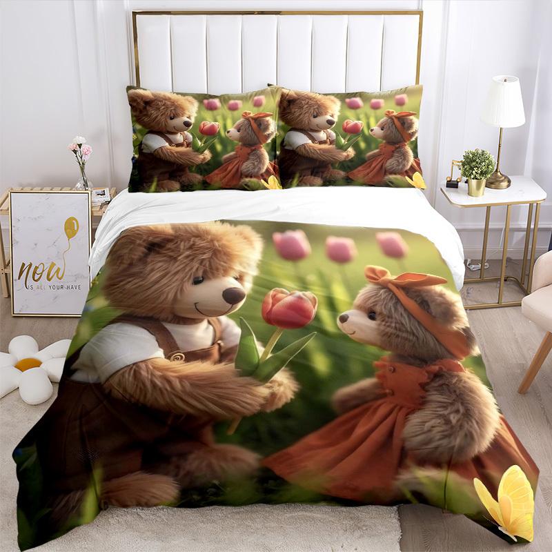 3pcs Teddy Bear Bedding Set - Includes One Quilt Cover and Two Pillowcases (No Core) - Anime Cartoon Design, Perfect for Bedroom and Guest R