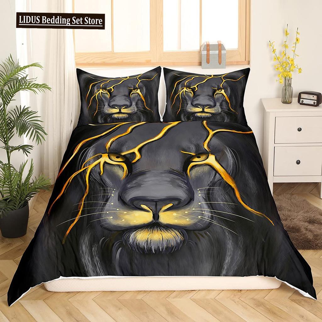Lion Rose Duvet Cover Sets King Size Animal Floral Print Polyester Comforter Cover Nature Theme Bedding Set For Kids Adult Teens