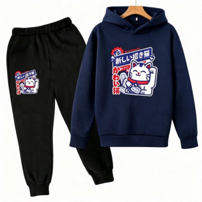 Fashion Cute Anime Cartoon Cat Print Kids Pullovers Pants 2-piece Set Street Casual Fashion Hoodies Vintage Boy's Girl Clothes