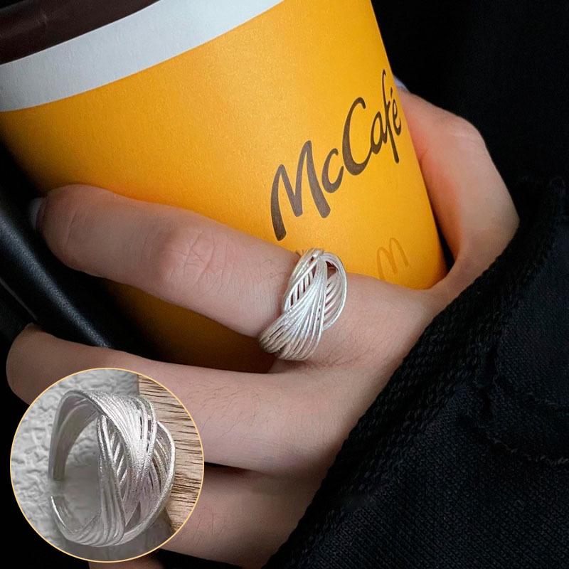 Women's Wide Band Geometric Frosted Matte Open Ring, S925 Silver Plated Creative Index Finger Design
