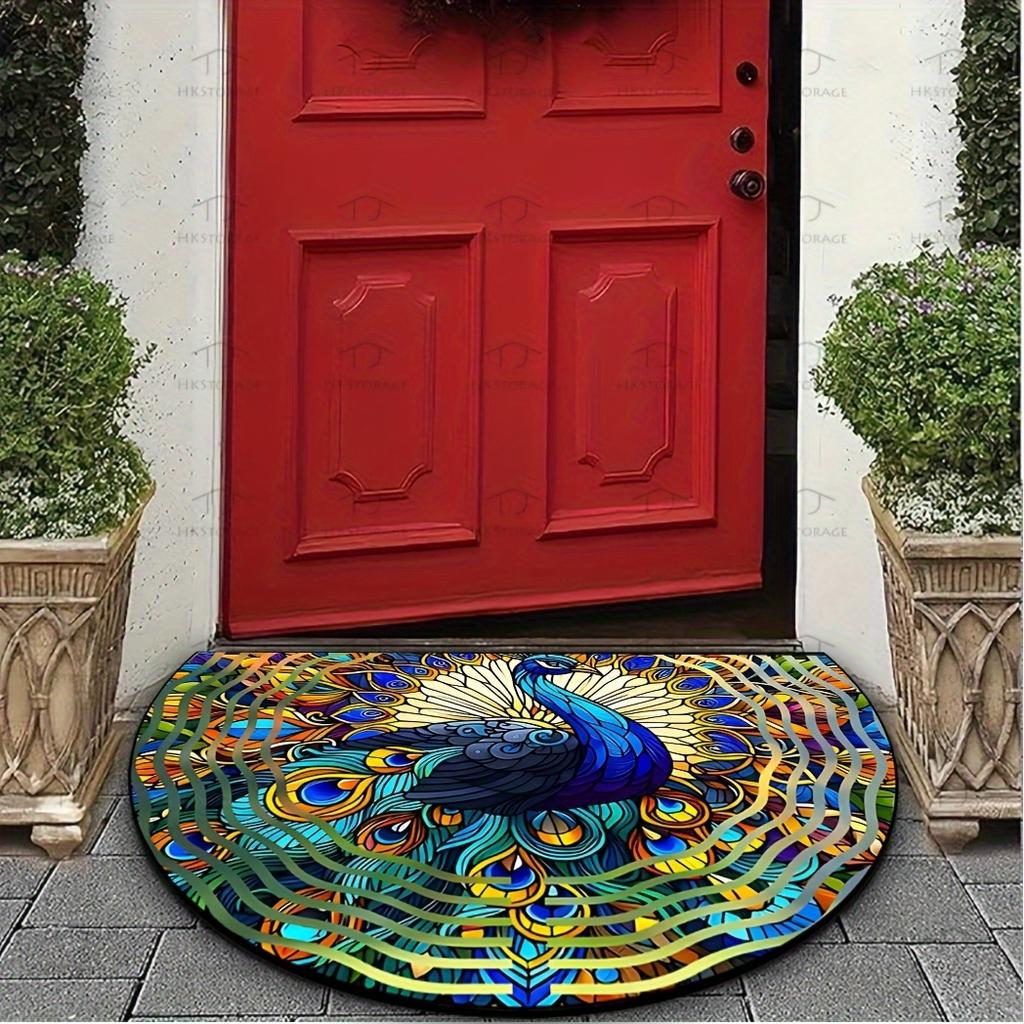 1Pcs Peacock Feather Design Pattern Durable Polyester Semi Circle Welcome Doormat Non-Slip for Outdoor Patio Porch Kitchen Bathroom Entryway Floor Mat