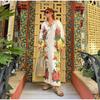 Print Linen Dress Plus Size Women Elegant Loose Lace Up V Neck Vintage Oil Painting Dress Summer Long Sleeves New Fashion High Waist Pastoral Style