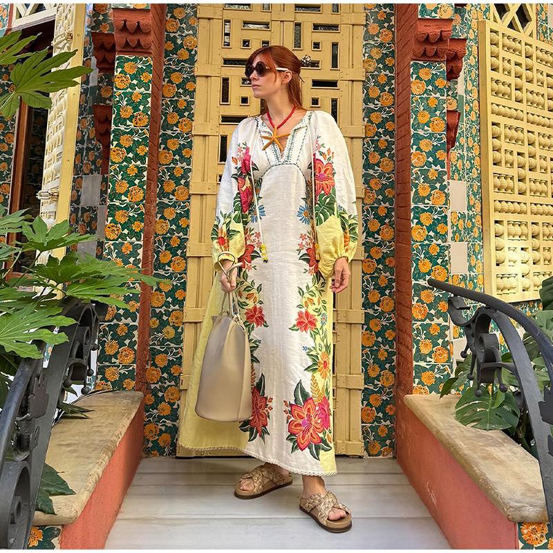 Print Linen Dress Plus Size Women Elegant Loose Lace Up V Neck Vintage Oil Painting Dress Summer Long Sleeves New Fashion High Waist Pastoral Style