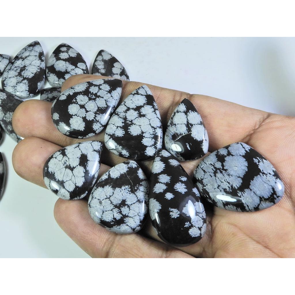 15Pcs Natural Snowflake Obsidian Pear Cabochon Loose Gemstone Lot 318Cts. A-748