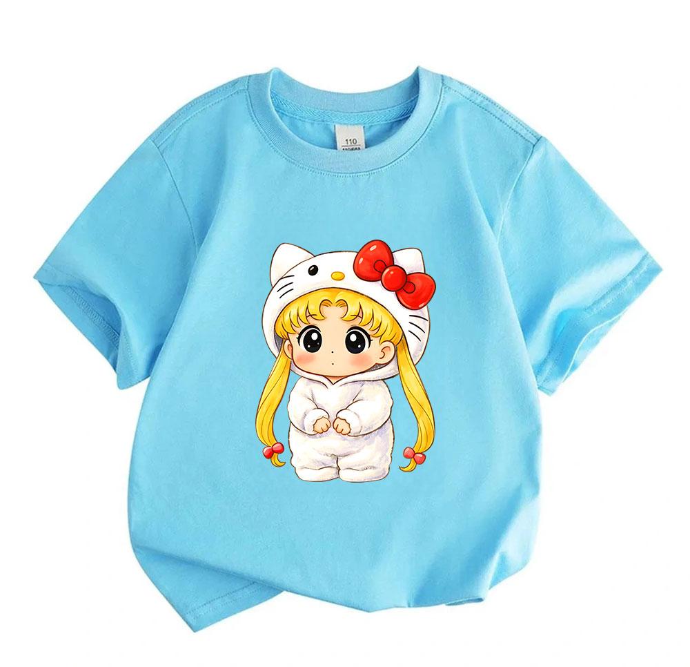 Kids Boys Girls 100% Cotton Crew Neck Short Sleeve T-Shirt, Cute Cartoon Blonde Character In Hello Kitty Costume Print Casual Soft Breathable Tee Top
