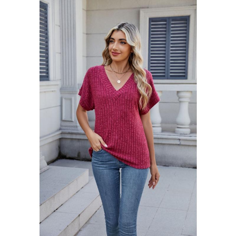 

Весенняя новинка женской одежды: Свободная и повседневная однотонная футболка с V-образным вырезом и короткими рукавами XXL вино красного