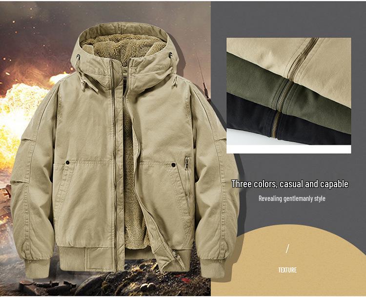 Herren Arbeitsjacke mit Kapuze aus reiner Baumwolle, Herbst/Winter, mit Samtfutter, Verdickt, Lockerer Schnitt, Übergröße, Stil 6836.