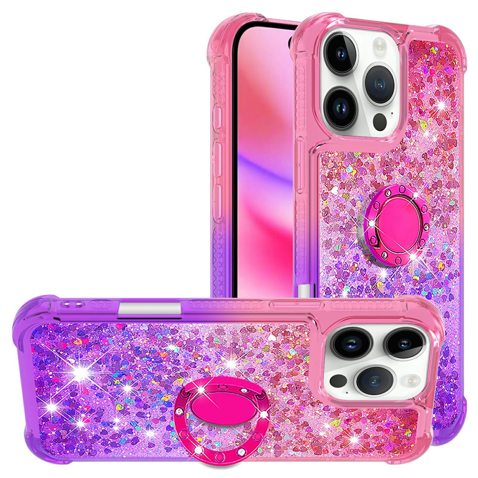 

For iPhone 16 Pro Max TPU Case with Kickstand Gradiant Quicksand Shockproof Cover Pink+Purple