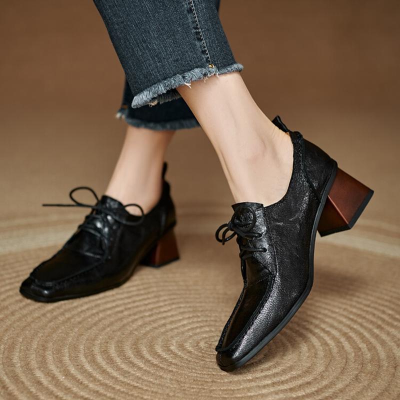 Fashion NEW Spring/Autumn Women Pumps Square Toe Chunky Heel Shoes Concise Genuine Leather Shoes for Women Lace-up Handmade Women Shoes