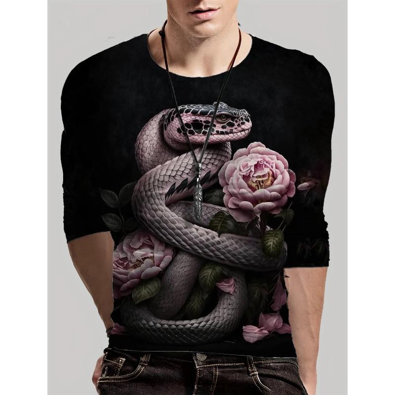 Round Neck 3D Snake Printed Top Casual Long Sleeved Men's T-shirts - Soft Medium Stretch Polyester Fabric Spring and Autumn Relaxed Fit Clothing