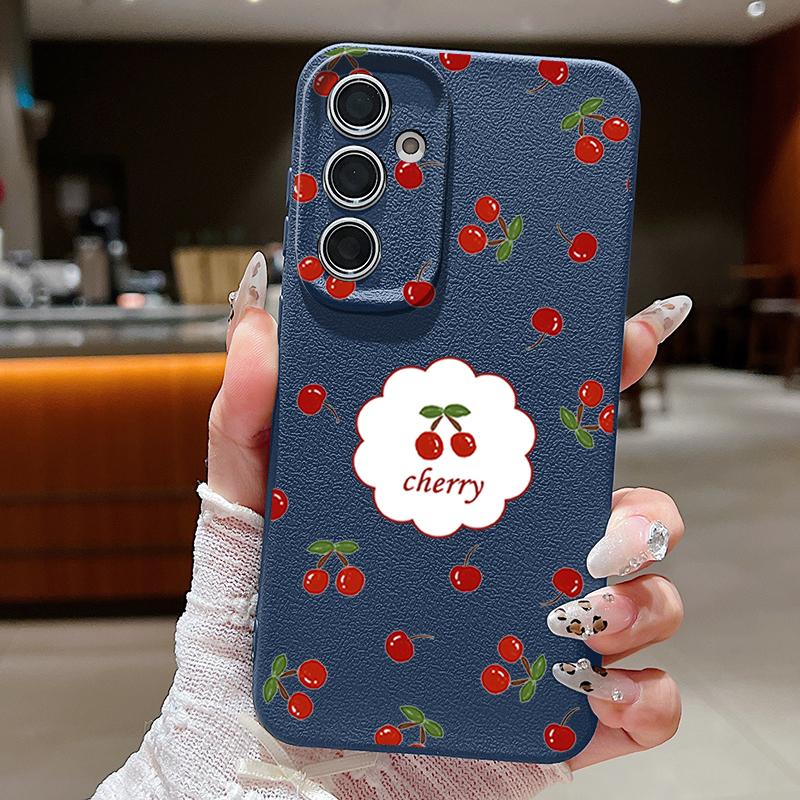 Cute Cherry Print Matte TPU Leather Texture Phone Case For Samsung S25 Ultra S24 FE S23 S22 S21 A56 A36 A16 A55 A35 A26 A15 Shockproof Soft Slim Cover