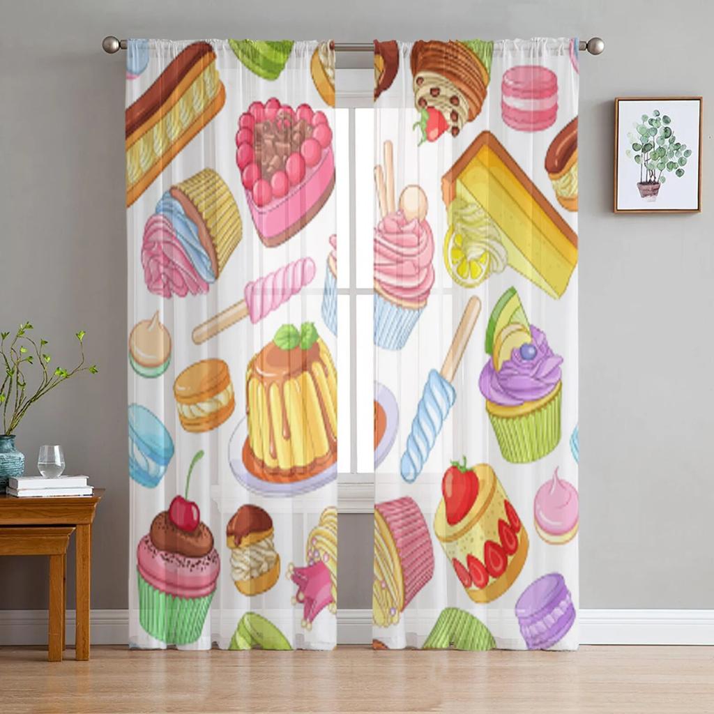 Ice Cream Cone And Cupcakes Tulle Curtain For Living Room Sheer Valance Curtain For Kitchen Bedroom Window Drapes