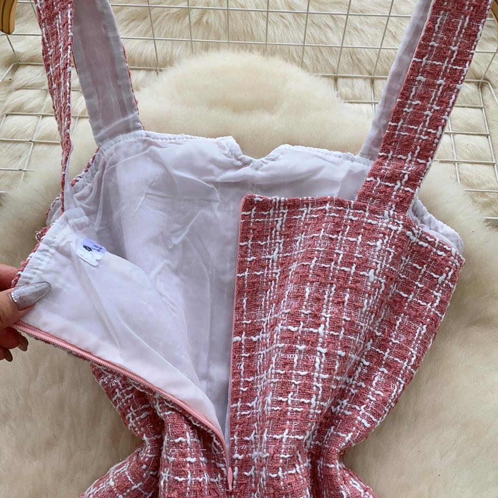 Podzim Jaro Dámské Ležérní Jednořadé Špagetové Ramínko Kostkované Tweedové Mini Krátké Šaty pro Studentku