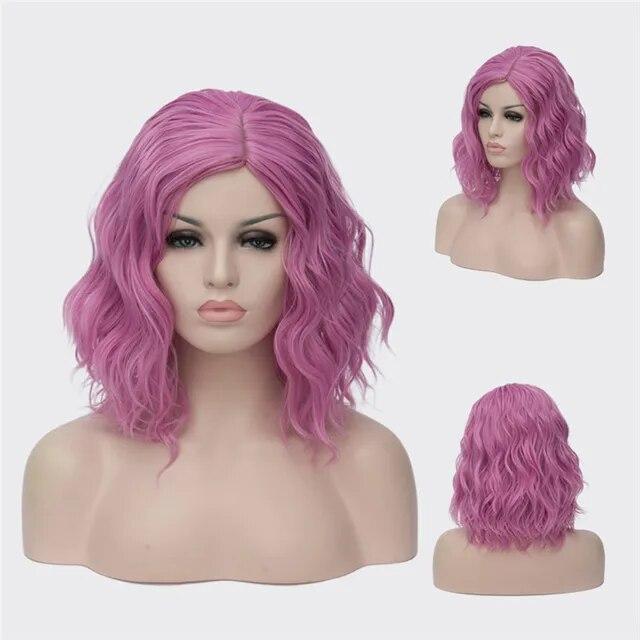 Peruci Cosplay ondulate pentru femei, scurte, albastru, violet, roz, verde, auriu, galben, parte laterală, păr sintetic din fibre rezistente la căldură