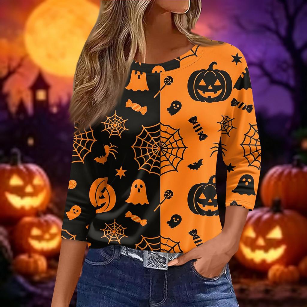 Women's Halloween Print 3/4 Sleeve Loose Fit Casual Round Neck Shirt Pumpkin Candy Pattern Top for Fall Seasonal Wear