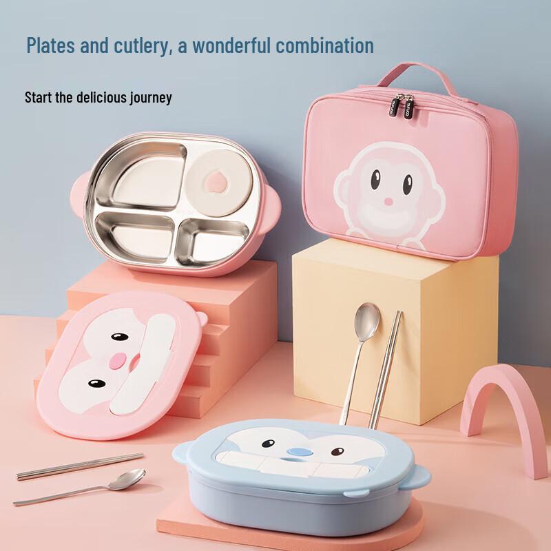 TAFUCO 304 Stainless Steel Kids 4-Compartment Lunch Plate Set with Soup Bowl