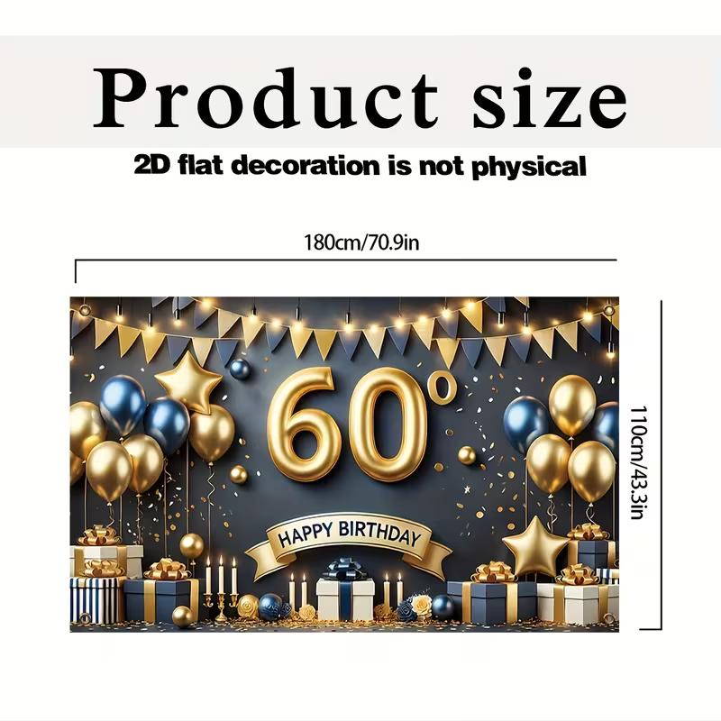 2D Blue & Gold 60th Birthday Backdrop, Luxury Balloon Gift Themed Photography Background