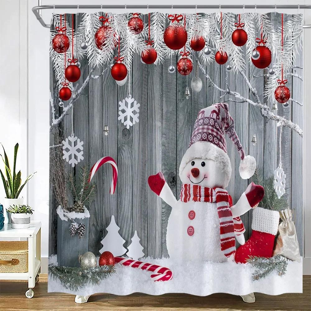 Cute Christmas Snowman Shower Curtains Xmas Tree Balls Green Pine Branches Winter Snow New Year Home Bathroom Decor Set Fabric