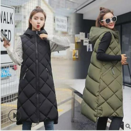 Hooded Sleeveless Women's Down Cotton Waistcoat - Warm Mid-Length Vest