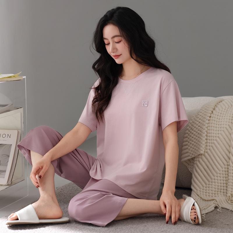 Pajamas with chest pads, women's summer modal short-sleeved cropped pants, summer thin cool cotton and silk loungewear set