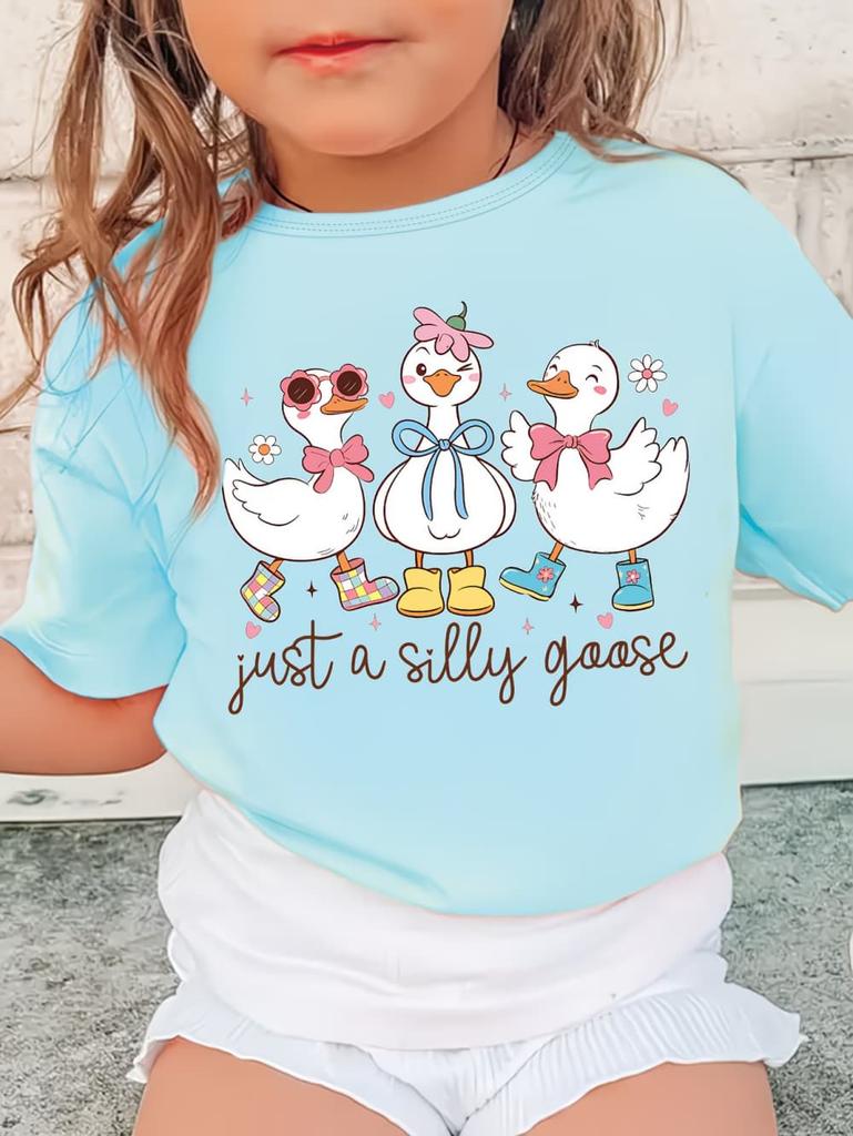 Just a Silly Little Goose Bow Print T-Shirt for Girls Summer Cartoon Graphic Short Sleeve T-Shirts Outdoor Causal Girls Clothing