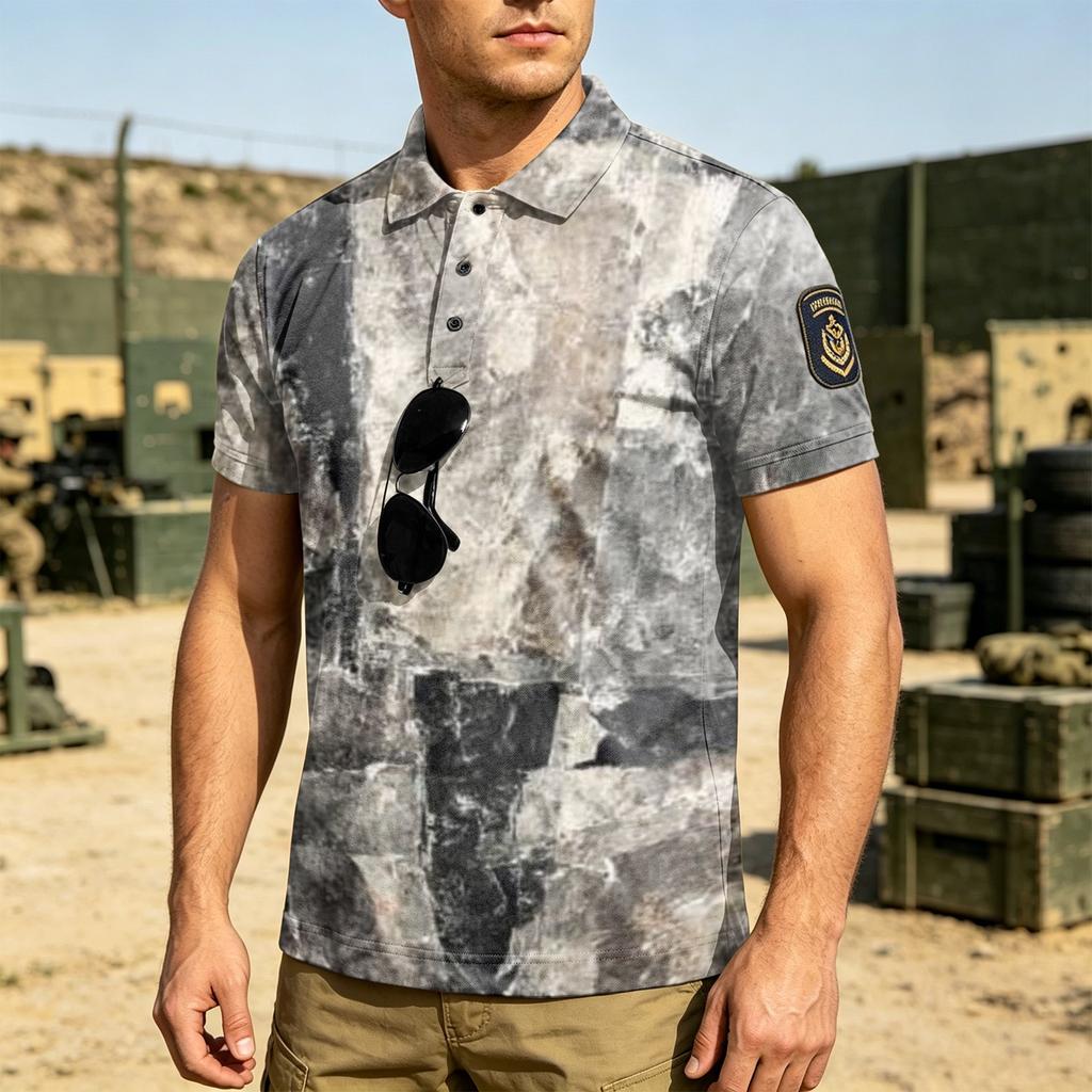 Men Tactical Polo Shirt with Hook and Loop Patch Short Sleeve Digital Print Turn Down Collar Loose Fit Outdoor Quick Dry Top