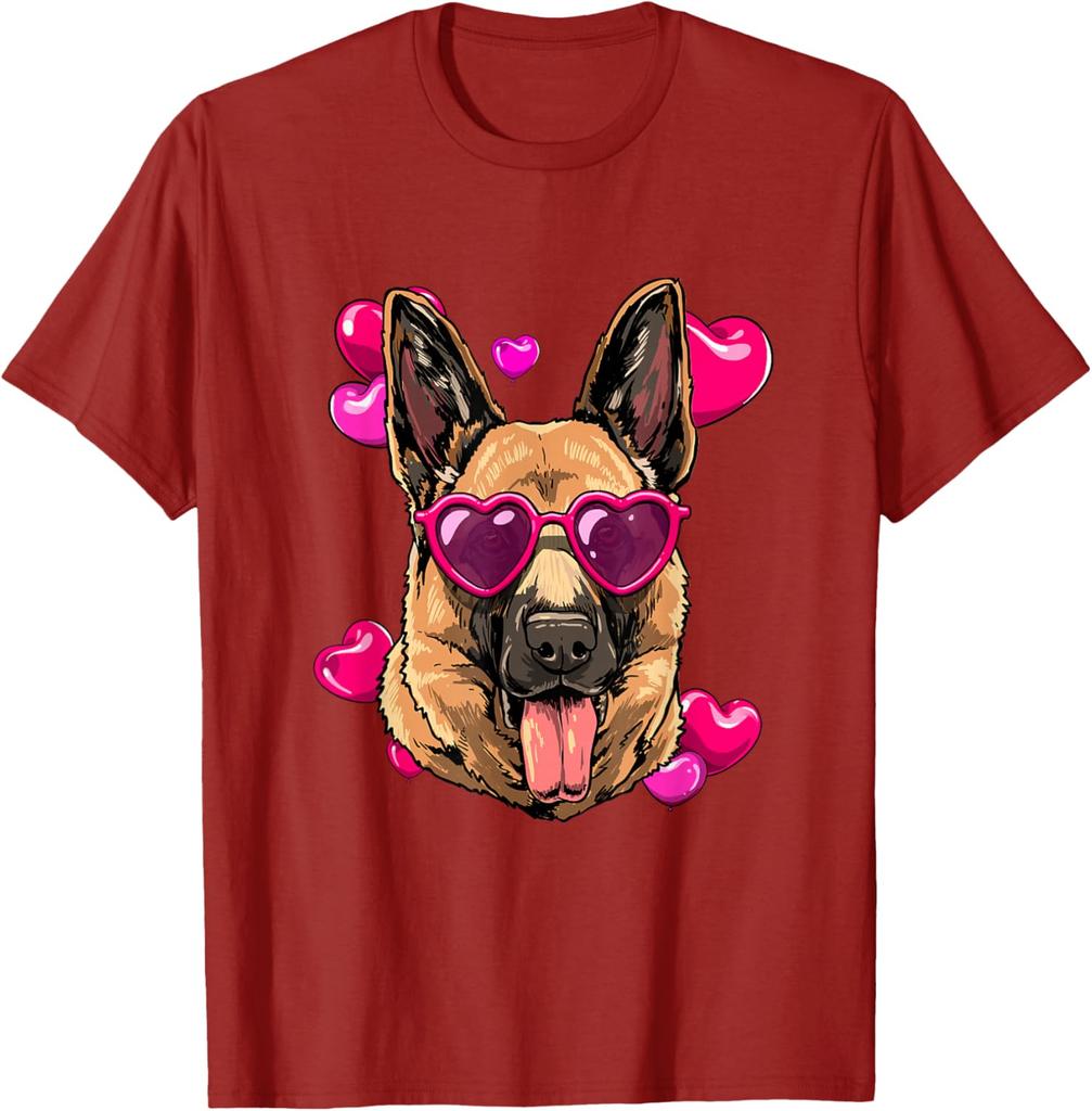 German Shepherd Valentine Heart Glasses Dog Lover Graphic Tee Soft Breathable Short Sleeve T-Shirt