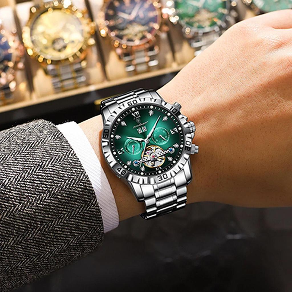 POEDAGAR Top Luxus Herrenuhr Automatisch Datum Woche Herren Armbanduhr Hohl Tourbillon Mechanisch Edelstahl Herrenuhr