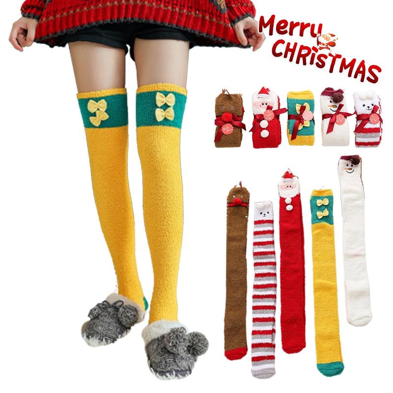 Women's Coral Fleece Xmas Socks Warm Thigh Stocking Over Knee Santa Claus Elk Elf