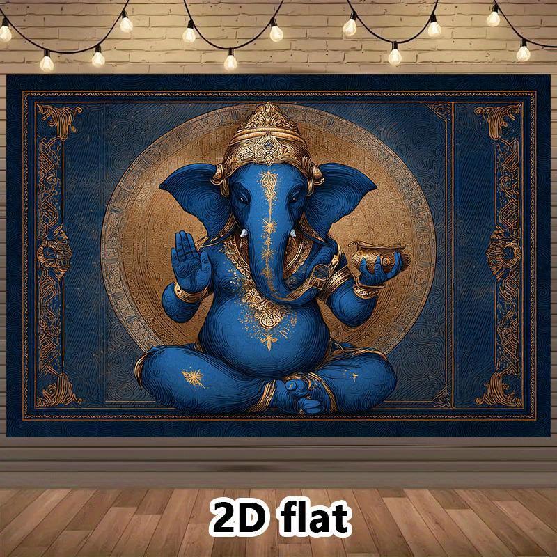 1pc Indian elephant background cloth - deep blue gold Hindu temple decoration (as the picture,150X100)