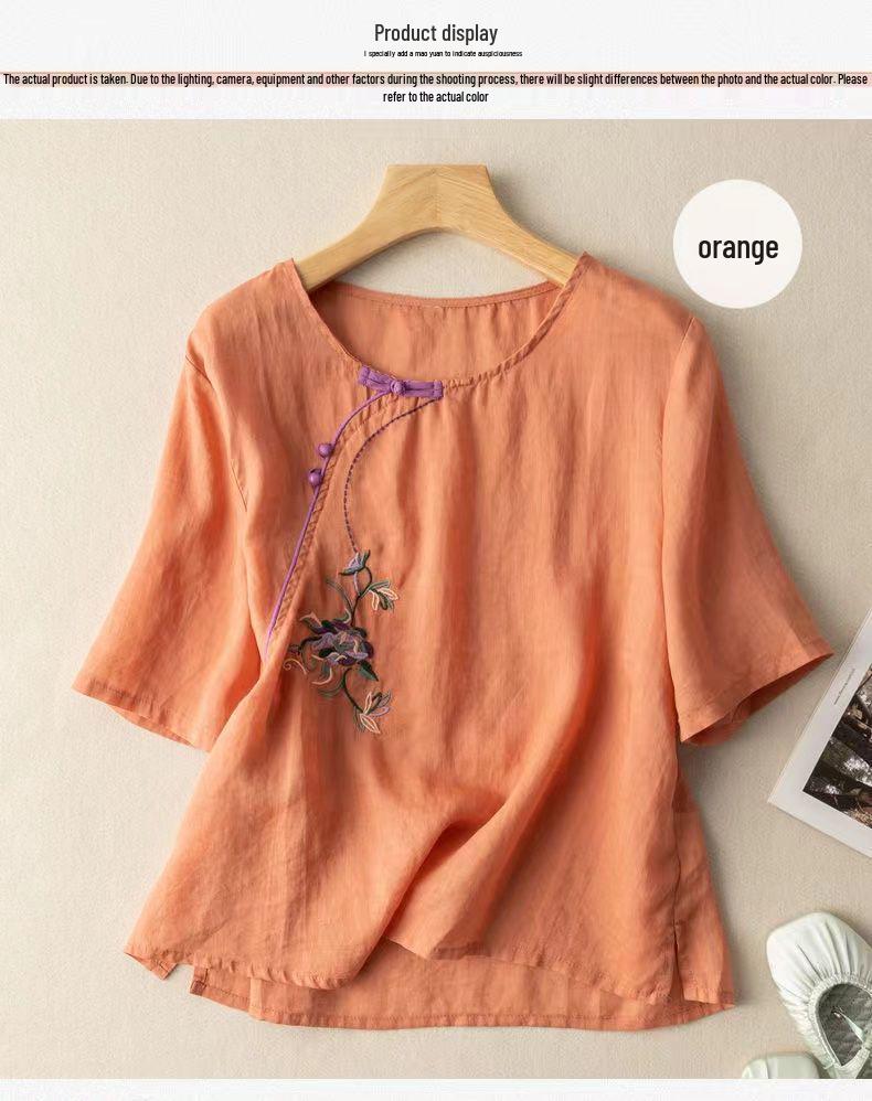 2024 Sommer Damen Bestickte Retro Baumwolle Leinen Bluse mit Schräger Knopfleiste und Froschknöpfen