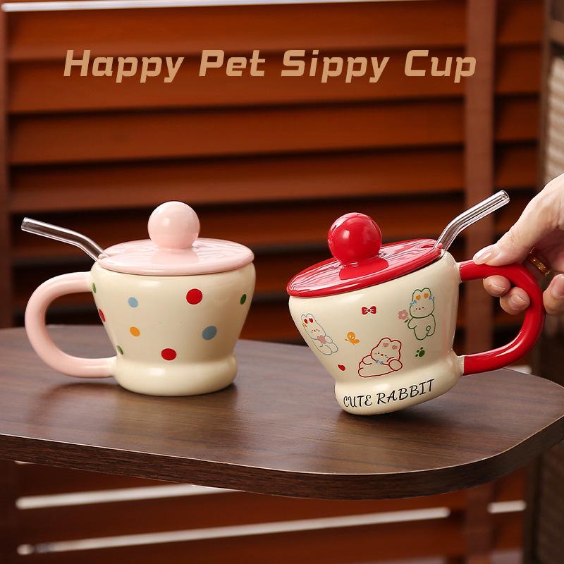 Kreativní ručně štípaný roztomilý králíčí hrnek s víkem, slámový kelímek na mléko, praktický keramický hrnek na vodu pro domácnost, pitná voda