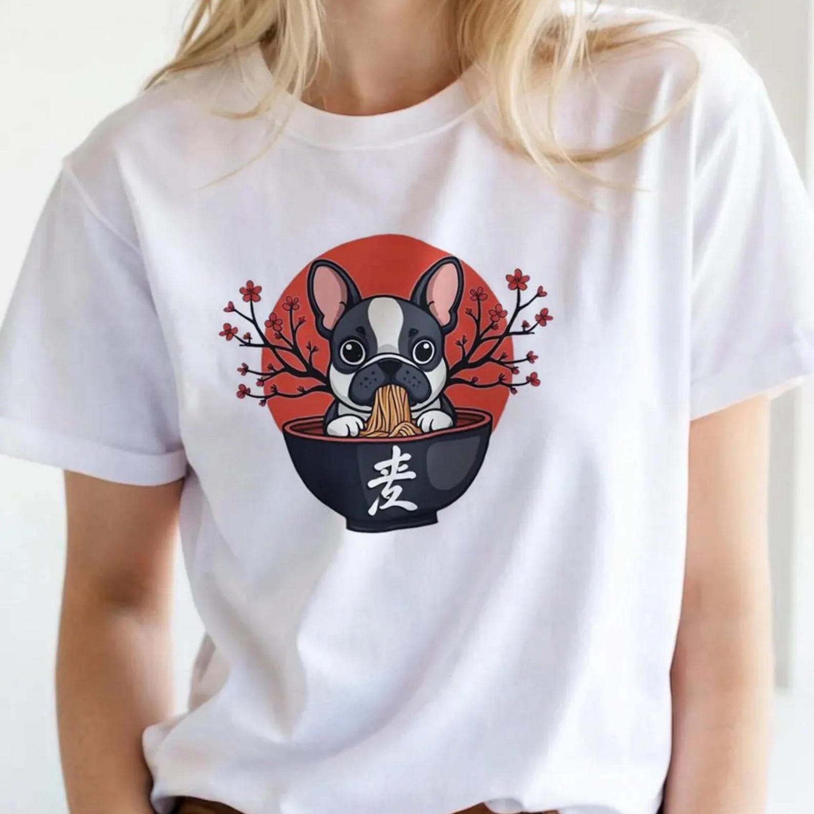 French Bulldog Ramen T-Shirt | Japanese Frenchie Graphic Tee | Cute Dog Lover Gift | Anime Style Dog Shirt | Frenchie Mum Top | S