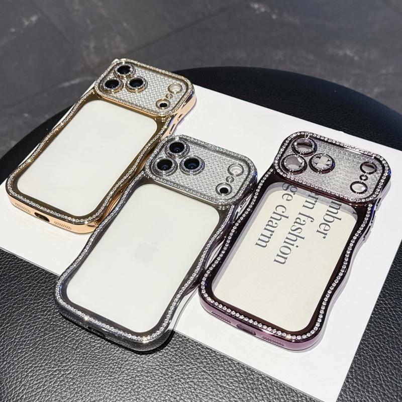 KEYSION Plating Transparent Wavy Rhinestone Phone Case for iPhone 13 14 15 16 17 Pro Max Air 16 Plus Lens Protector Shockproof Cover