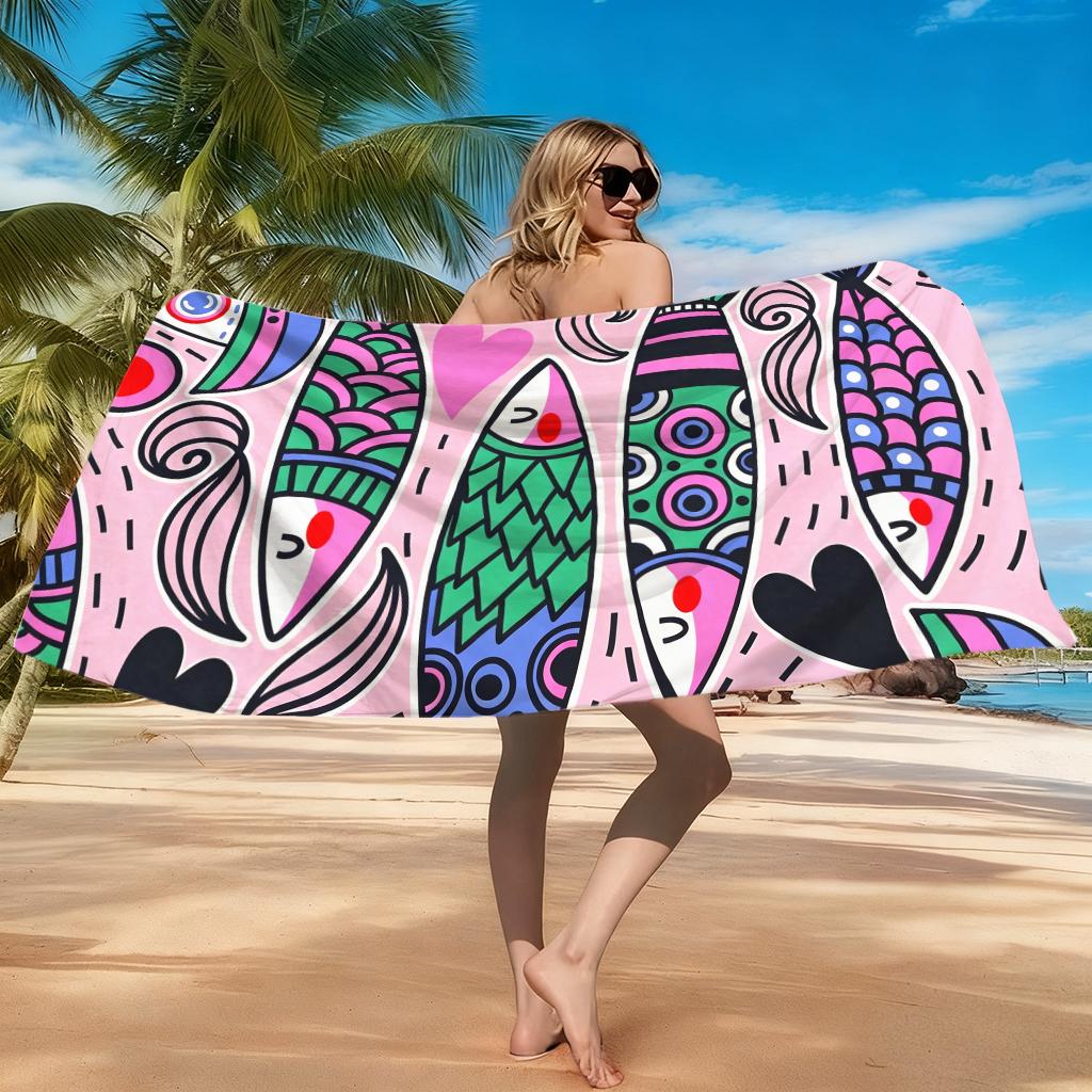 1Pc Pink Cartoon Art Fish Beach Towel Large Towel Super Absorbent Suitable For Beach Vacation Pool Summer Gift For Friends