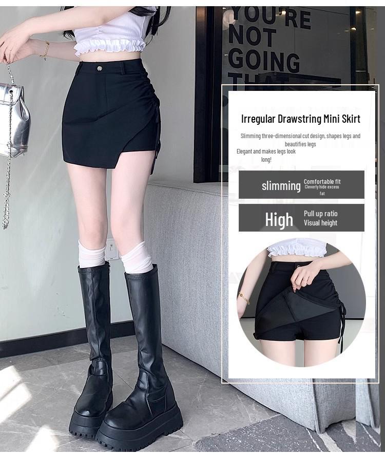 Dámská černá midi sukně áčkového střihu s vysokým pasem 2024 - Zeštíhlující, univerzální, s nepravidelným stahováním, ležérní bodycon design na léto.